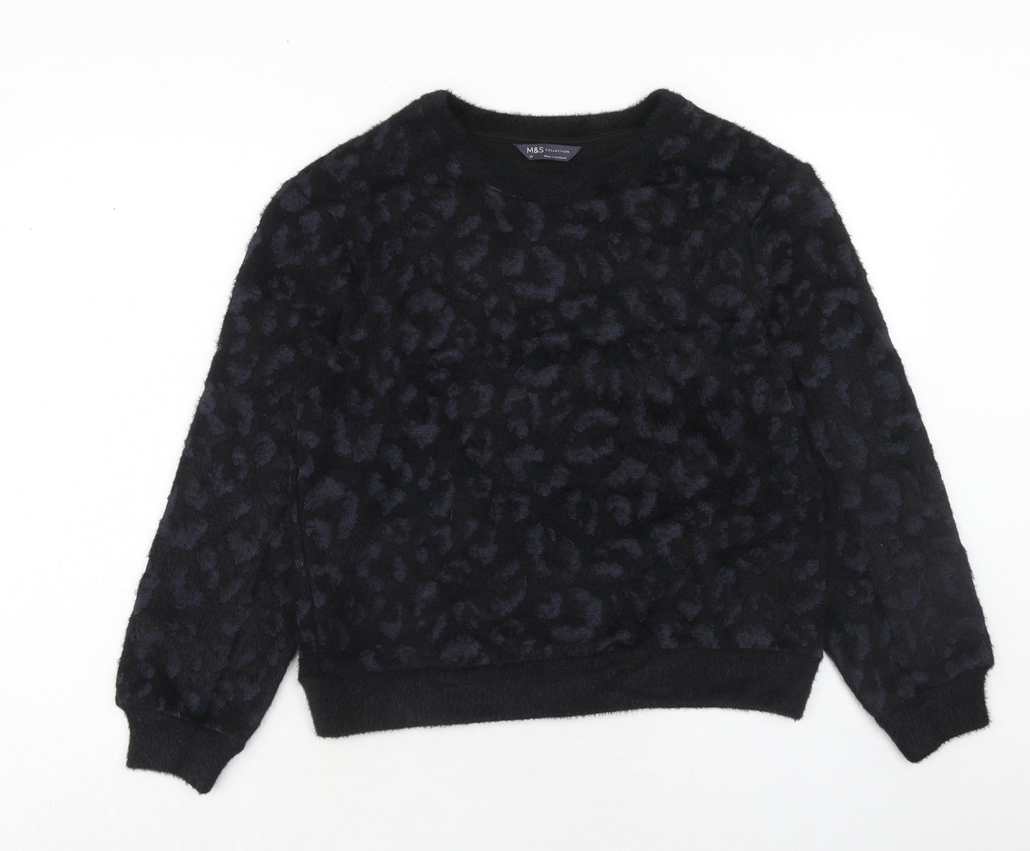 Marks and Spencer Womens Blue Round Neck Animal Print Polyester Pullover Jumper Size XS - Leopard Print