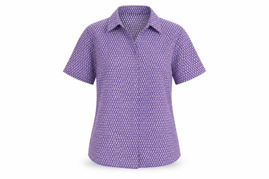 Front view of Vortex women’s purple geometric polyester basic button-up, size UK 6, collared