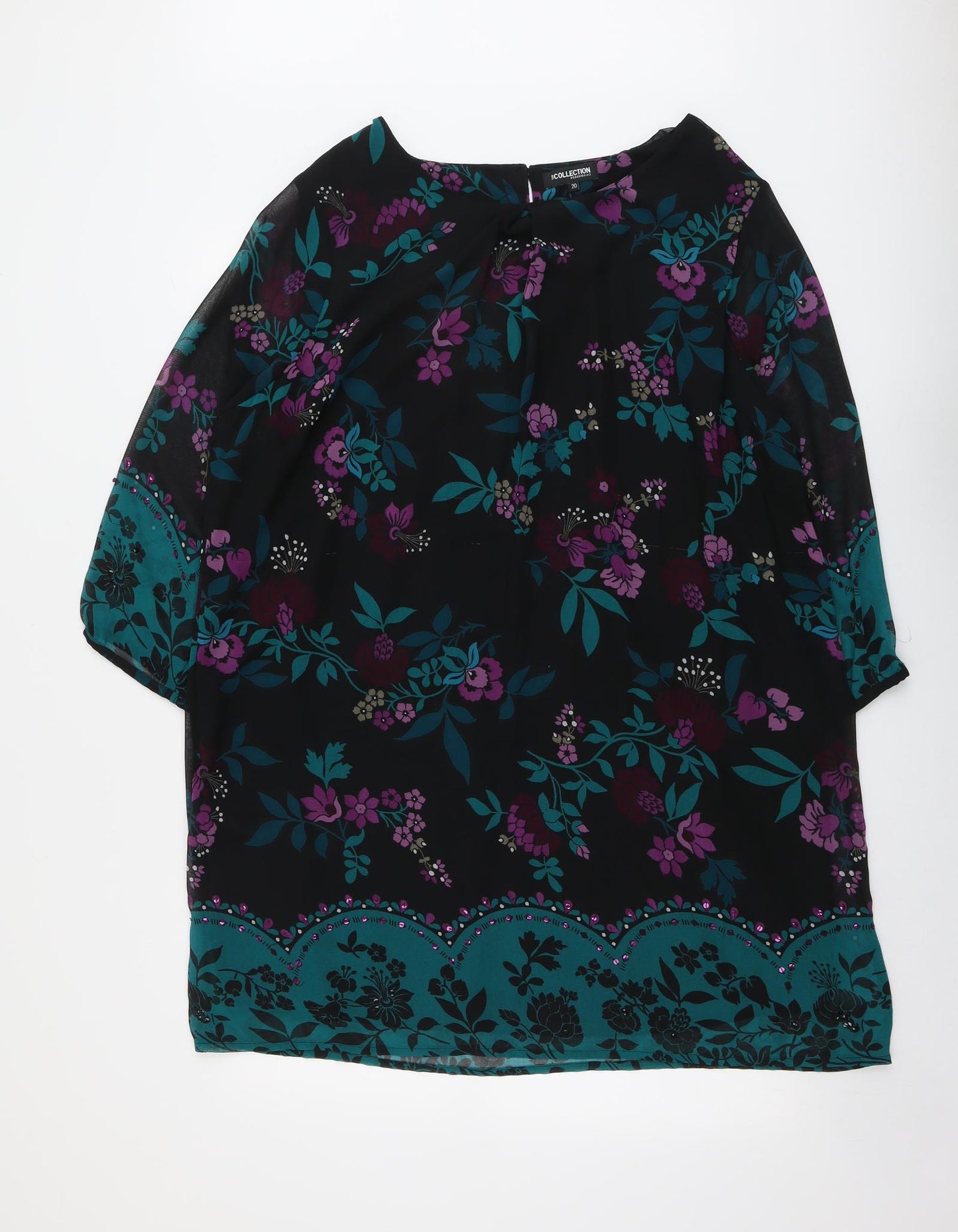 Debenhams Womens Black Floral Polyester A-Line Size 20 Boat Neck Button