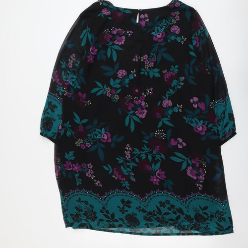 Debenhams Womens Black Floral Polyester A-Line Size 20 Boat Neck Button