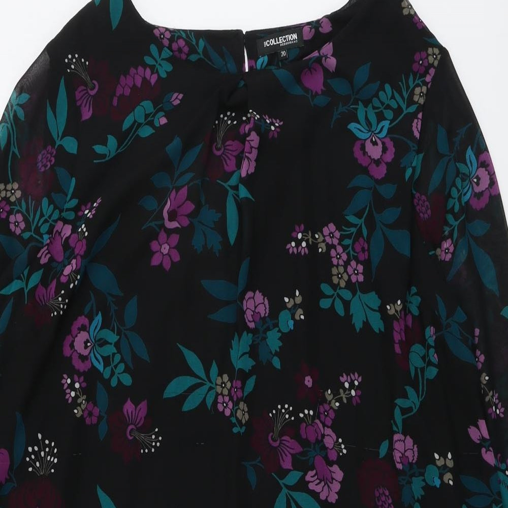 Debenhams Womens Black Floral Polyester A-Line Size 20 Boat Neck Button