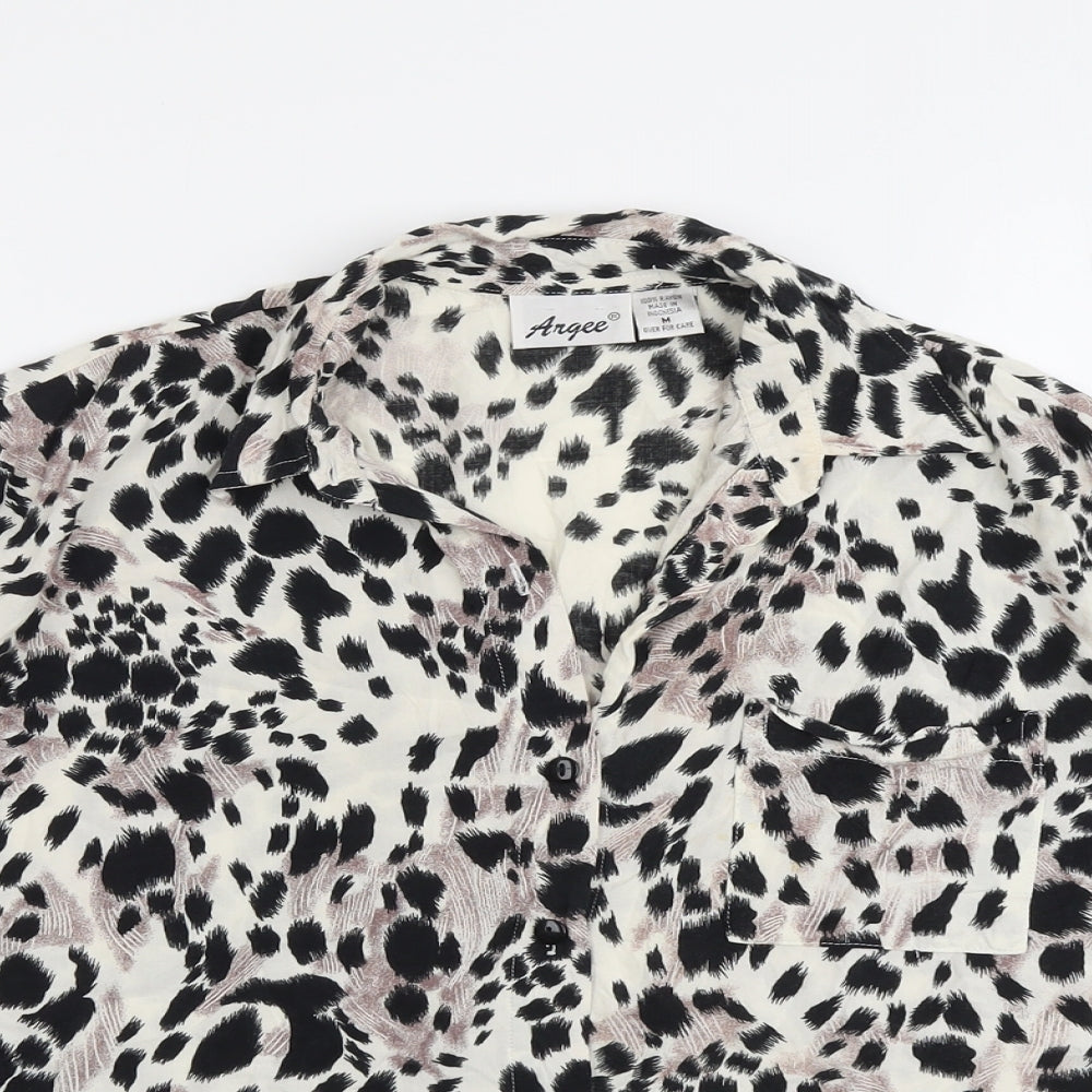 Angee Womens Beige Animal Print Viscose Basic Button-Up Size M Boat Neck