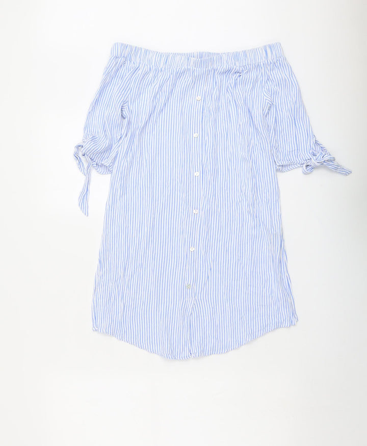 New Look Womens Blue Striped Viscose A-Line Size S Off the Shoulder Pullover