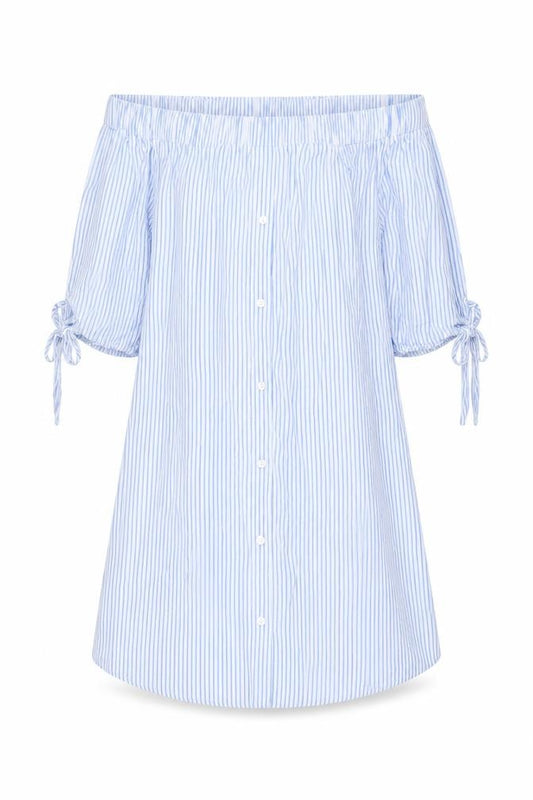 Front view of New Look women’s blue striped viscose a-line, size S, off the shoulder pullover