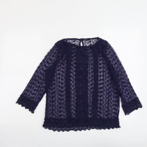 M&Co Womens Blue Floral Polyester Basic Blouse Size 10 Boat Neck - Crocheted Lace Trim