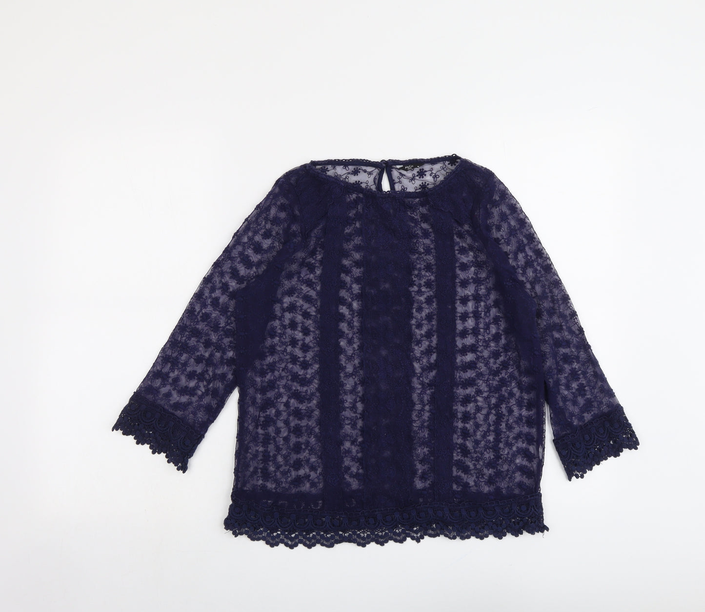 M&Co Womens Blue Floral Polyester Basic Blouse Size 10 Boat Neck - Crocheted Lace Trim