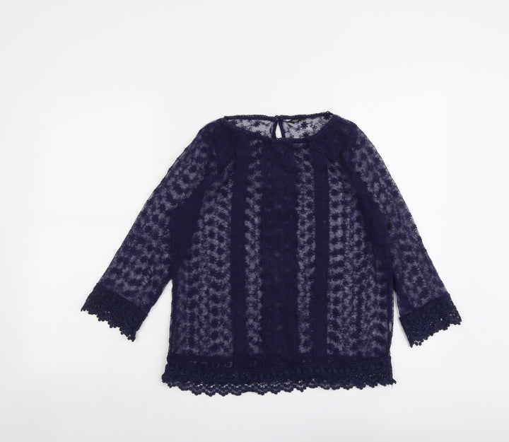 M&Co Womens Blue Floral Polyester Basic Blouse Size 10 Boat Neck - Crocheted Lace Trim