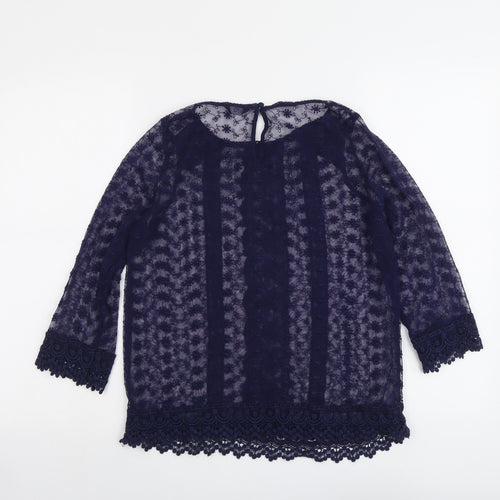 M&Co Womens Blue Floral Polyester Basic Blouse Size 10 Boat Neck - Crocheted Lace Trim