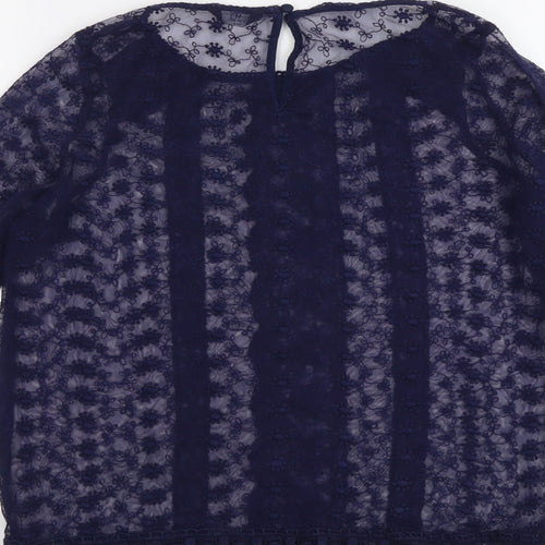 M&Co Womens Blue Floral Polyester Basic Blouse Size 10 Boat Neck - Crocheted Lace Trim