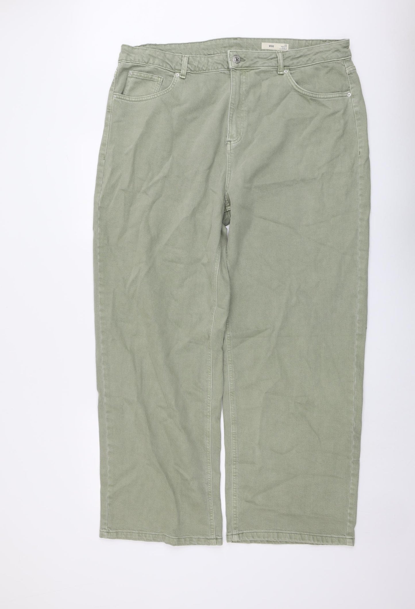 Marks and Spencer Womens Green Cotton Wide-Leg Jeans Size 22 L31 in Regular Button