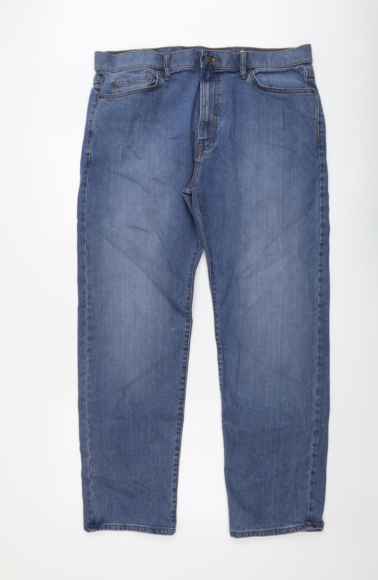 Marks and Spencer Mens Blue Cotton Straight Jeans Size 38 in L31 in Regular Button