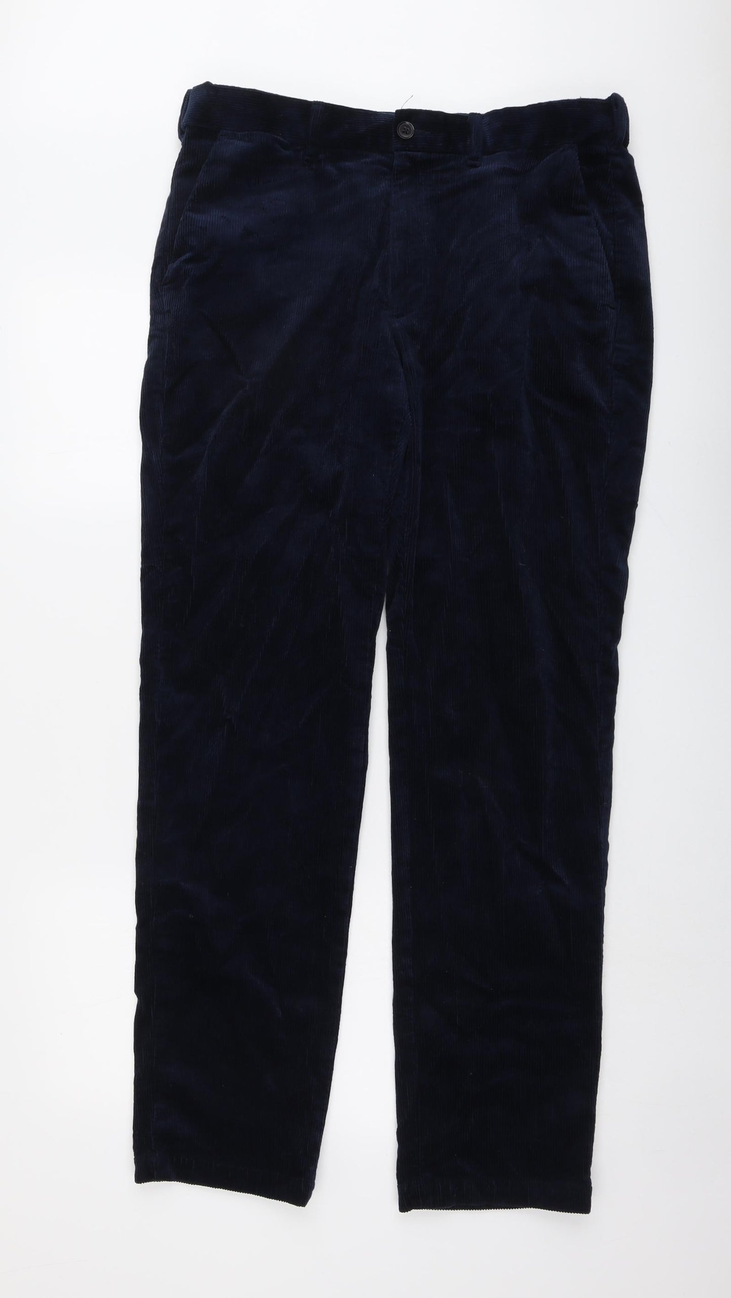 Marks and Spencer Mens Blue Cotton Trousers Size 34 in L33 in Regular Button