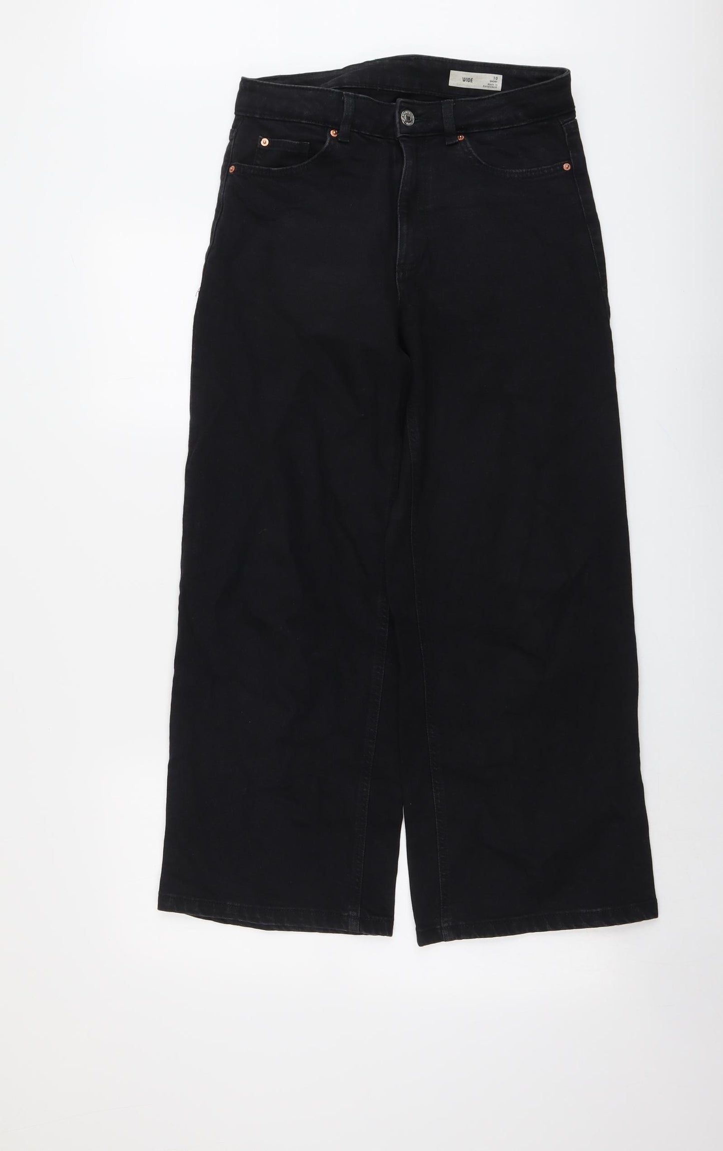 Marks and Spencer Womens Black Cotton Wide-Leg Jeans Size 10 L27 in Regular Button