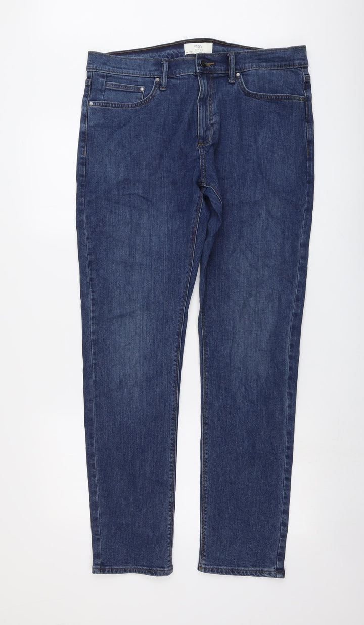 Marks and Spencer Mens Blue Cotton Straight Jeans Size 34 in L33 in Slim Button