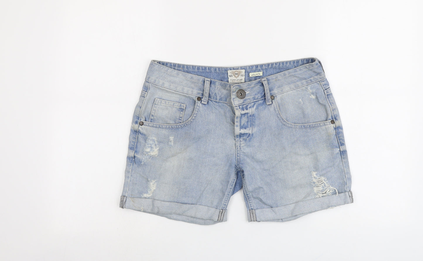 River Island Womens Blue Cotton Boyfriend Shorts Size 10 L5 in Regular Button - Distressed