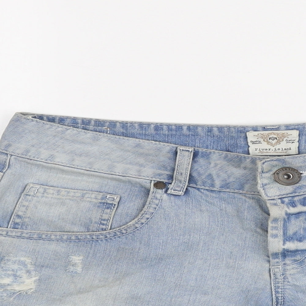 River Island Womens Blue Cotton Boyfriend Shorts Size 10 L5 in Regular Button - Distressed