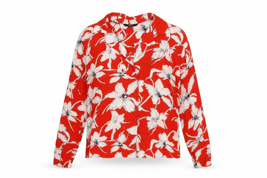 Front view of Vero Moda women’s red floral viscose basic button-up, size L, collared