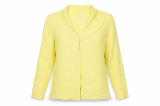 Front view of ICHI women’s yellow geometric viscose basic button-up, size S, collared