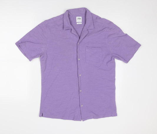 Zara Mens Purple Polyester Button-Up Size M Collared Button