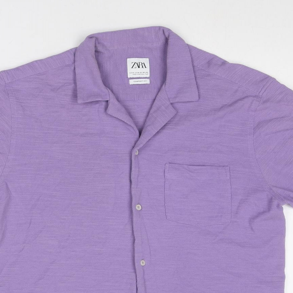 Zara Mens Purple Polyester Button-Up Size M Collared Button