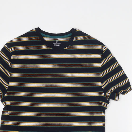 Marks and Spencer Mens Multicoloured Striped Cotton T-Shirt Size S Round Neck