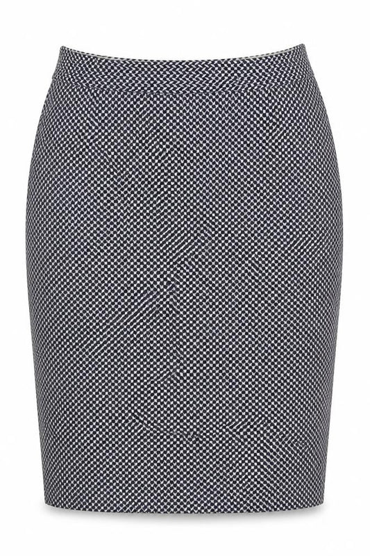 Front view of Next women’s blue geometric polyester straight & pencil skirt, size UK 14, zip