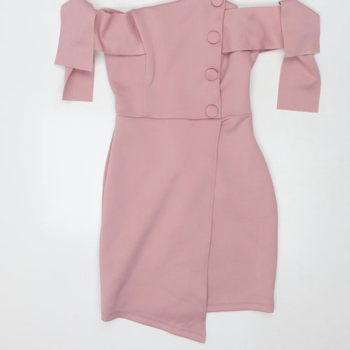 ASOS Womens Pink Polyester Mini Size 6 Off the Shoulder Zip - Tie Sleeve Detail