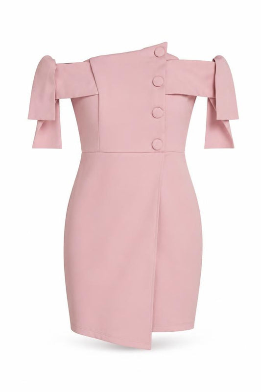 Front view of ASOS women’s pink polyester mini, size UK 6, off the shoulder zip - tie sleeve detail