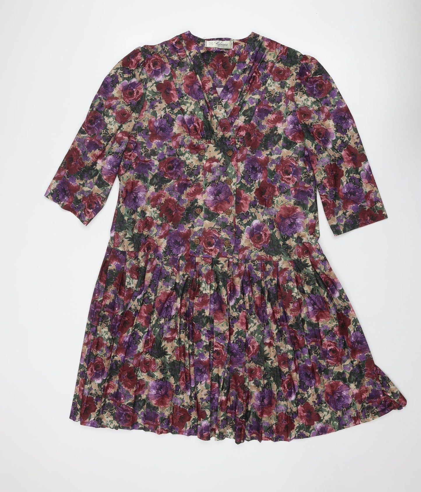 Debenhams Womens Multicoloured Floral Polyester A-Line Size 16 V-Neck Button