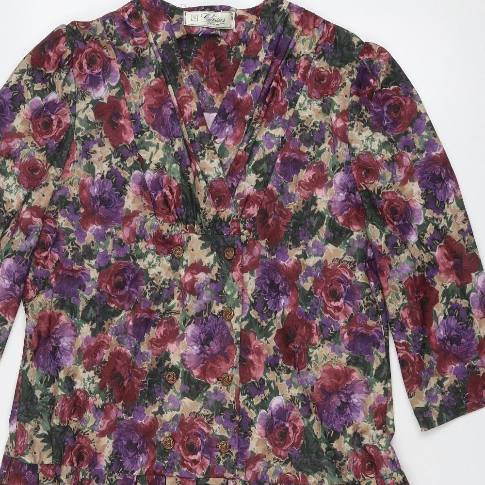 Debenhams Womens Multicoloured Floral Polyester A-Line Size 16 V-Neck Button