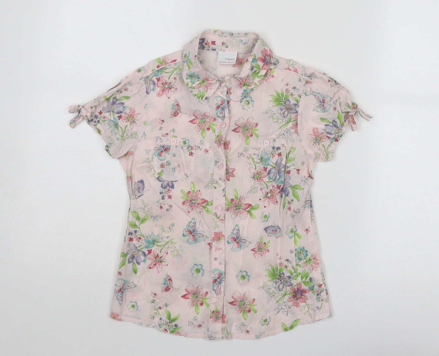 NEXT Girls Pink Geometric Cotton Basic Button-Up Size 9 Years Collared Button
