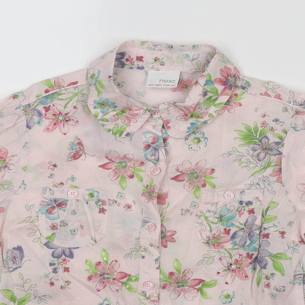 NEXT Girls Pink Geometric Cotton Basic Button-Up Size 9 Years Collared Button