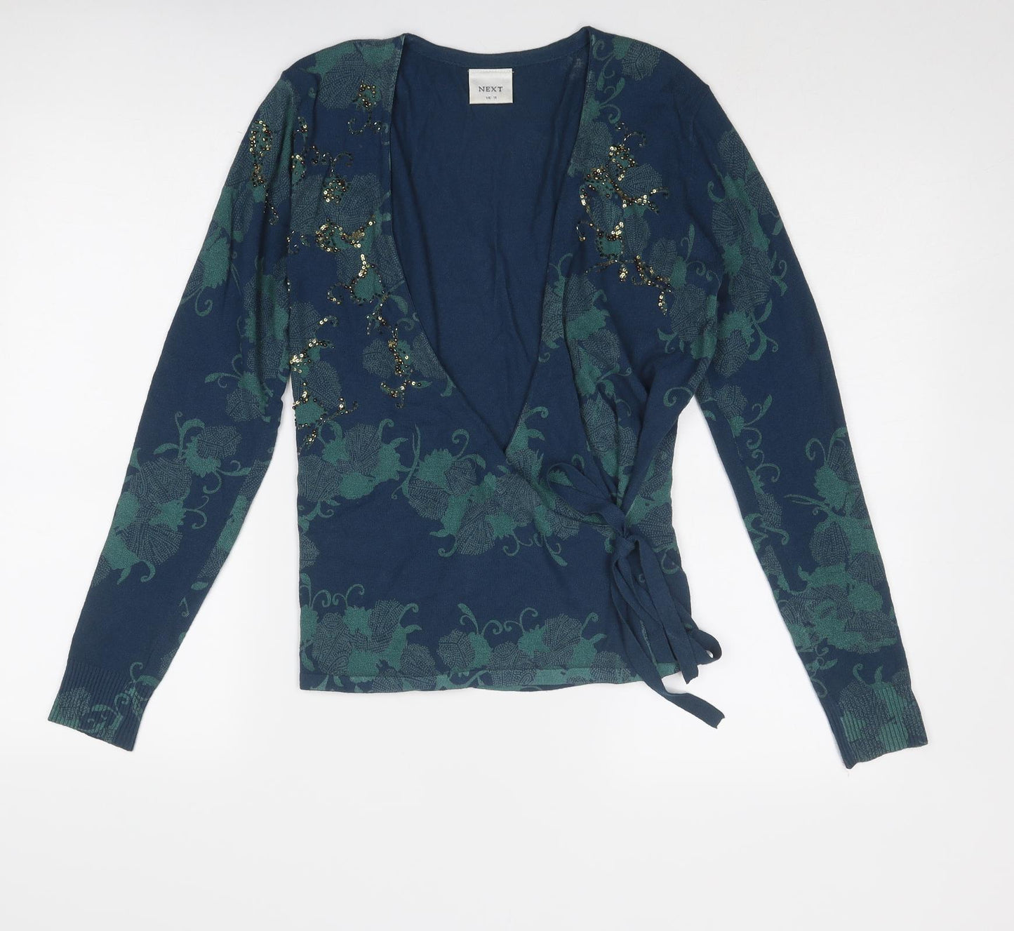 NEXT Womens Blue Scoop Neck Geometric Viscose Wrap Jumper Size 14