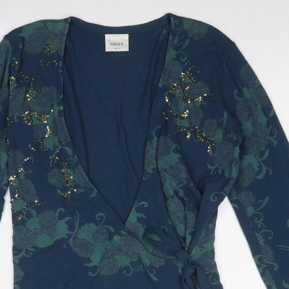 NEXT Womens Blue Scoop Neck Geometric Viscose Wrap Jumper Size 14