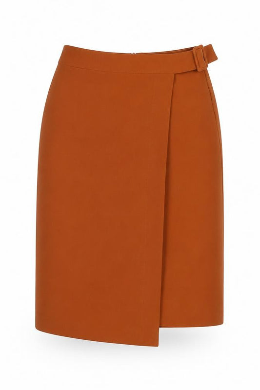 Front view of Marks & Spencer women’s brown polyester wrap skirt, size UK 6, zip