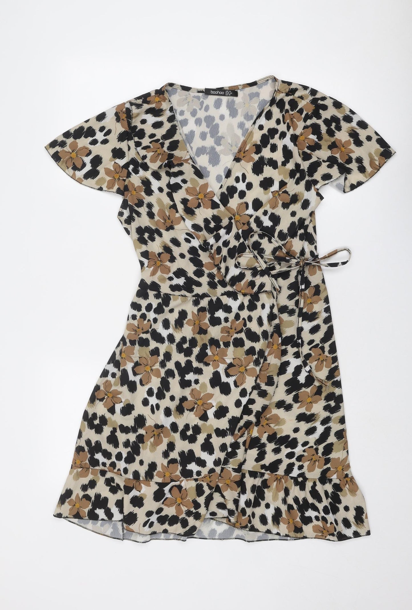 Boohoo Womens Multicoloured Floral Polyester Wrap Dress Size 14 V-Neck Tie