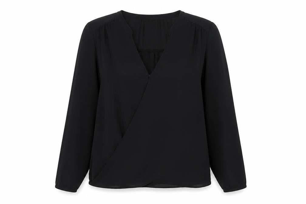 Front view of Zara women’s black polyester basic blouse, size M, v-neck