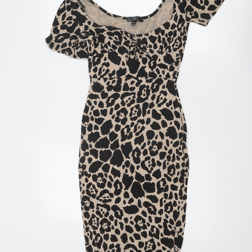 Missguided Womens Beige Animal Print Viscose Bodycon Size 8 Round Neck Pullover - Leopard Print
