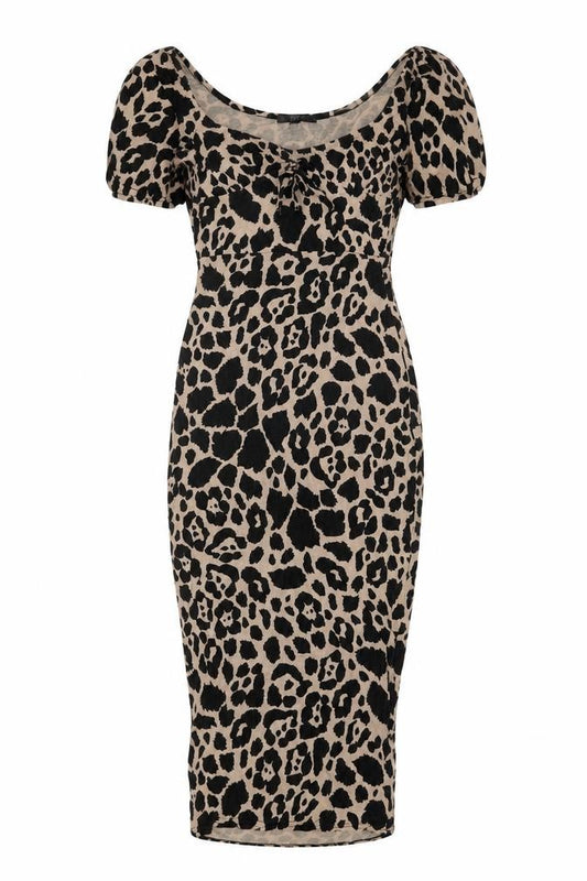 Front view of Missguided women’s beige animal print viscose bodycon, size UK 8, round neck pullover - leopard print