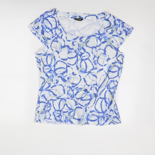 Alexara Womens Blue Geometric Polyester Basic Blouse Size 14 Boat Neck