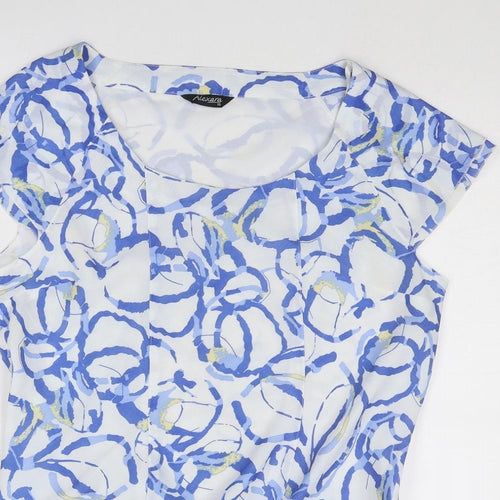 Alexara Womens Blue Geometric Polyester Basic Blouse Size 14 Boat Neck