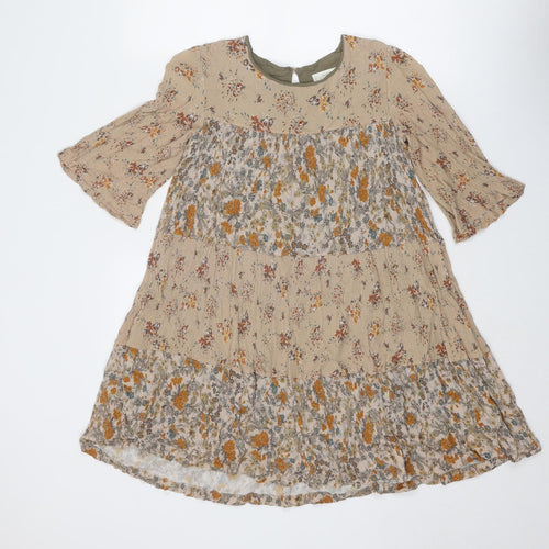 Mango Womens Beige Geometric Viscose Skater Dress Size L Round Neck Button