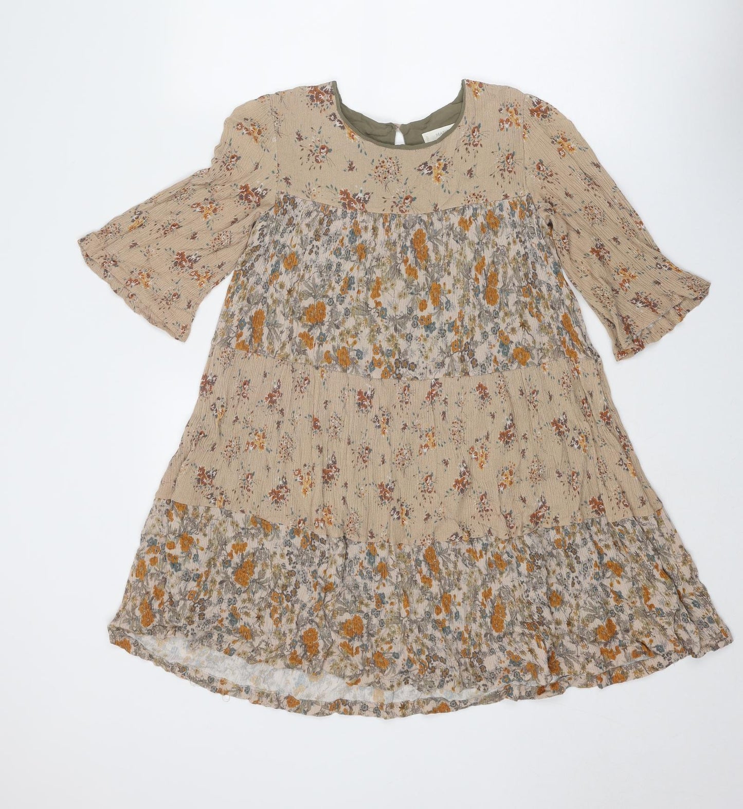 Mango Womens Beige Geometric Viscose Skater Dress Size L Round Neck Button