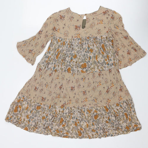 Mango Womens Beige Geometric Viscose Skater Dress Size L Round Neck Button