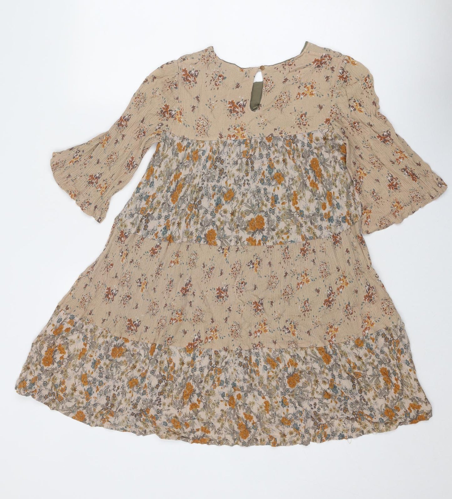 Mango Womens Beige Geometric Viscose Skater Dress Size L Round Neck Button