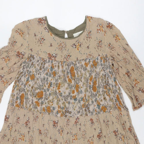 Mango Womens Beige Geometric Viscose Skater Dress Size L Round Neck Button