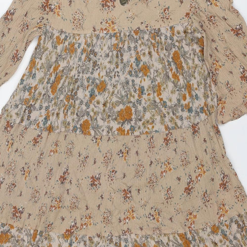 Mango Womens Beige Geometric Viscose Skater Dress Size L Round Neck Button