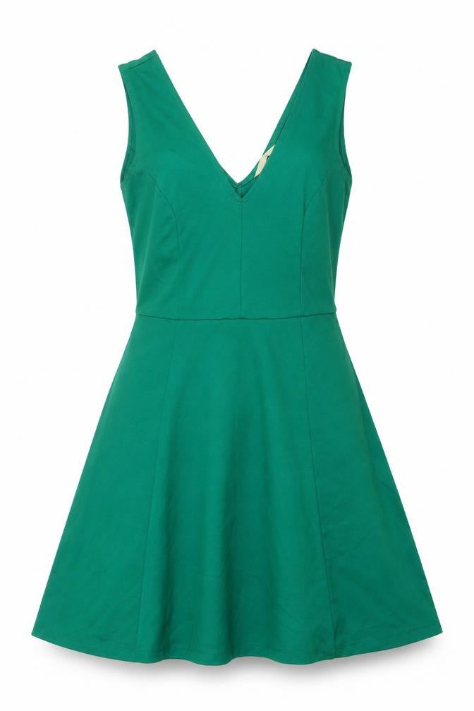 Front view of H&M women’s green polyester fit & flare, size S, v-neck pullover