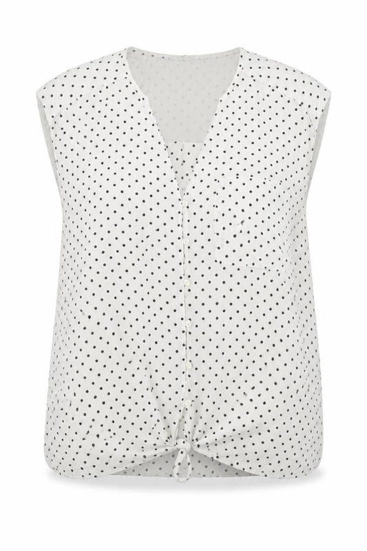 Front view of Zara women’s white polka dot polyester basic tank, size S, v-neck - knot front