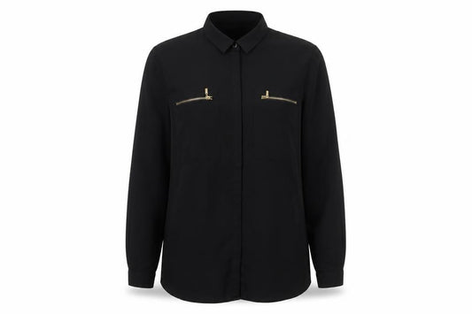 Front view of South women’s black polyester basic button-up, size UK 10, collared